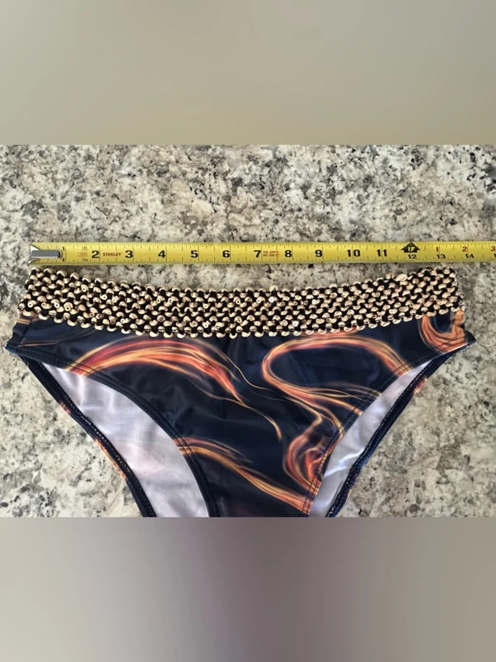 NWOT 2Pc Swimsuit Bikini Navy Orange Swirl Textured Gold Sequin Trim Size M - Picture 12 of 12